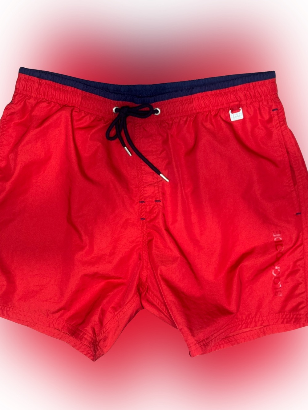 Men's Red Swim Trunks with Navy Drawstring Waistband - Lifeguard